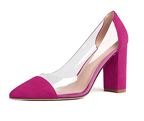 Mettesally Damen Mode Spitze Zehen PVC Pumps Block High Absatze Transparent 3.15'' Hochzeit Party Pump Schuhe Rose EU38 von Mettesally