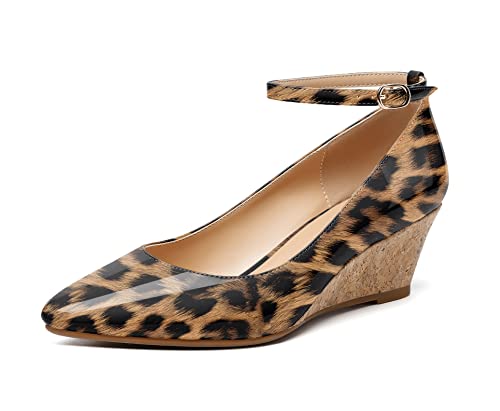 Mettesally Damen Niedrige Wedges mit mittlerem Absatz, spitze Zehen, Knöchelriemen, intelligente Arbeitsschuhe Leopard EU43 von Mettesally