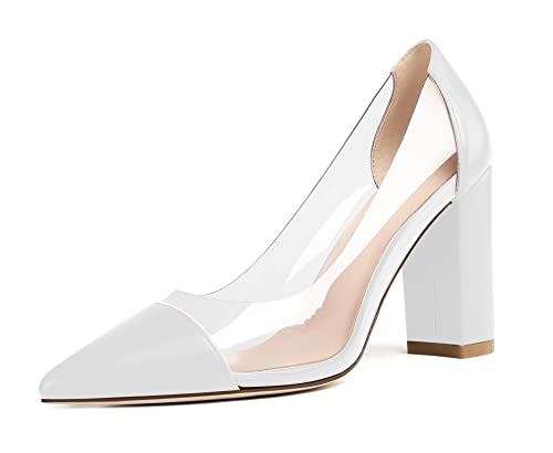 Mettesally Damen Ohne Verschluss PVC Pumps High Heel Blockabsatz Klar Transparent Pumpe Schuhe MatWeiß EU43 von Mettesally
