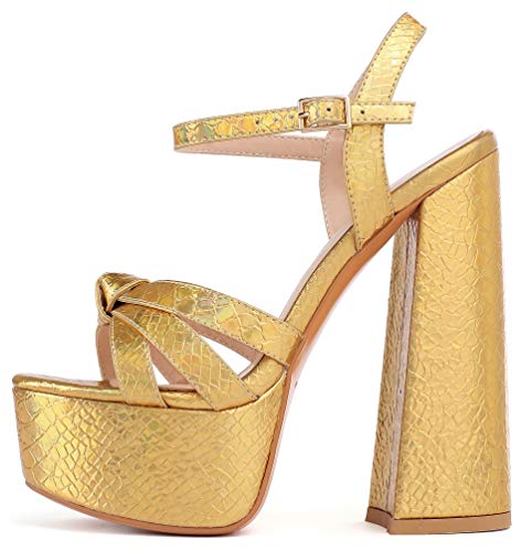 Mettesally Damen Peeptoe Sandaletten Plateau Sandalen Riemchen Block High Heels Party Hochzeit Schuhe Gold EU38 von Mettesally