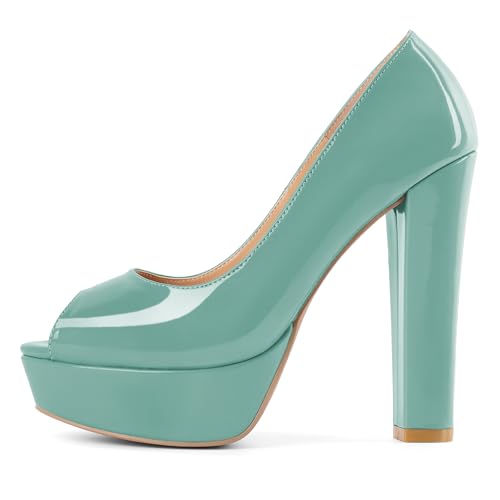 Mettesally Damen Plateau Chunky Heels Peep Toe Pumps 14cm Slip On Kleid Hochzeit Party Schuhe Mintgrün EU 39 von Mettesally