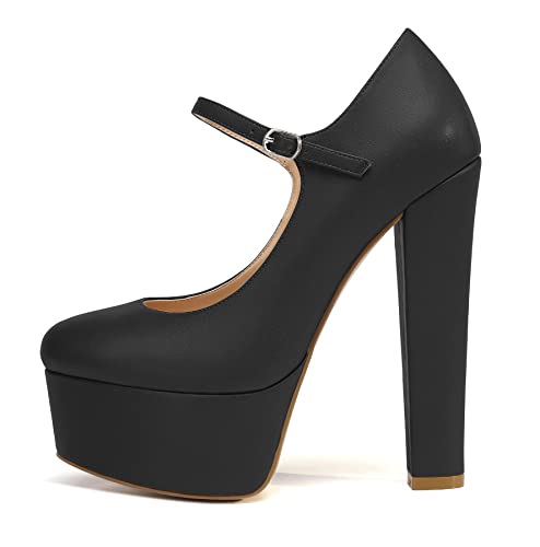 Mettesally Damen Plateau Pumps Runde Zehen Hoch klobige Ferse 15CM Mary Janes Ballschuhe Schwarz EU39 von Mettesally