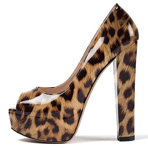 Mettesally Damen Plateau Pumps mit Blockabsatz Peeptoe Sexy High Heel Abendschuhe Leopard EU46 von Mettesally