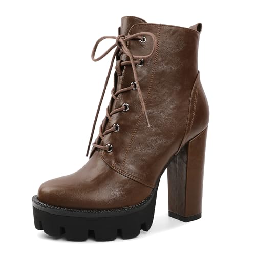 Mettesally Damen Plateau-Stiefeletten, Schnürstiefel, runde Zehenpartie, klobige Blockabsätze, seitlicher Reißverschluss, kurze Stiefel, Büro, Winterschuhe, Faux Leather Brown, 40 EU Mettesally Damen Plateau-Stiefeletten, Schnürstiefel, runde Zehenpartie, klobige Blockabsätze, seitlicher Reißverschluss, kurze Stiefel, Büro, Winterschuhe, Faux Leather Brown, 40 EU von Mettesally