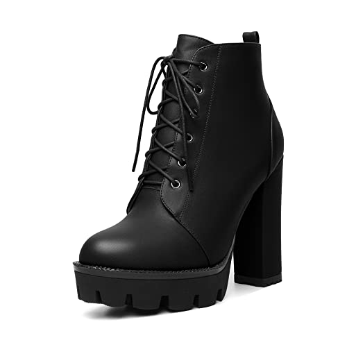 Mettesally Damen Plattform Runde Ankle Stiefel High Chunky Blockabsatz Lace Up Zipper Party Kurze Booties Wildleder Schuhe Mattschwarz EU45 von Mettesally