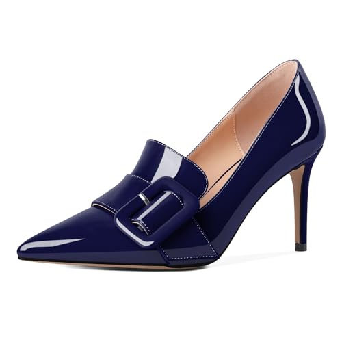 Mettesally Damen Pumps Spitz Zulaufend Geschlossene Zehen Square Schnalle Detail Stiletto Absatz 3,5" Slip On Lackleder Klassisch Büro Kleid Elegante Hochzeitsschuhe Marineblau EU36 von Mettesally