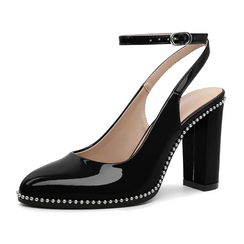 Mettesally Damen-Pumps mit Slingback-Absatz, Knöchelriemen, runder Zehenbereich, klobiger Block, hoher Absatz, Perlen, 8,9 cm, Schwarz, 39.5 EU von Mettesally