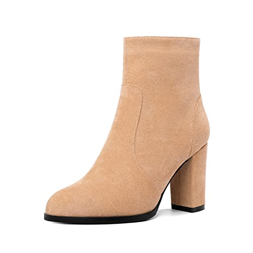 Mettesally Damen Runde Ankle Stiefel, Chunky High Heels Booties, Slip On Side Zipper Stiefel, Winter Ankle Booties Wildleder Schuhe Beige EU44 von Mettesally