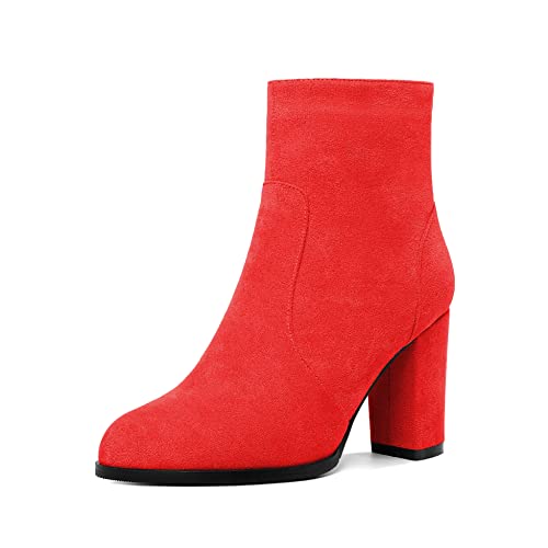 Mettesally Damen Runde Ankle Stiefel, Chunky High Heels Booties, Slip On Side Zipper Stiefel, Winter Ankle Booties Wildleder Schuhe Rot EU44 von Mettesally