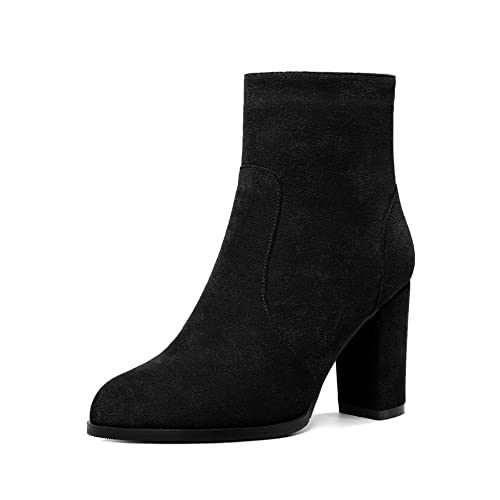 Mettesally Damen Runde Ankle Stiefel, Chunky High Heels Booties, Slip On Side Zipper Stiefel, Winter Ankle Booties Wildleder Schuhe Schwarz EU44 von Mettesally