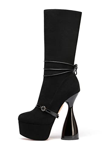 Mettesally Damen Runde Zehen Plateau Halbschaft Stiefel, Klassische High Heel Reißverschluss Stiefel Schwarz EU38 von Mettesally