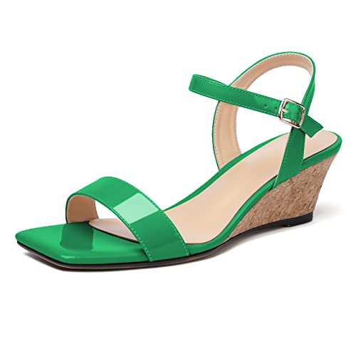 Mettesally Damen Sandalen mit Knöchelriemen Slingback Square Open Toe Sommer Sexy Komfort Eckige Zehenkappe Kleid Keilsandalen Grün EU38 von Mettesally