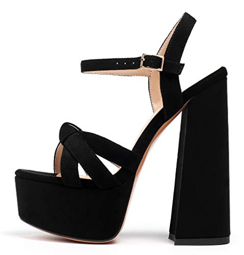Mettesally Damen Sandaletten Peep Toe Plateau Sandalen Blockabsatz Schuhe Suede Leder Sandals Blacksuede EU39 von Mettesally