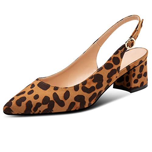 Mettesally Damen Slingback Mid Heel Pumps 2 Zoll Pointed Toe Classic Chunky Pumps Beige Leopard EU39 von Mettesally