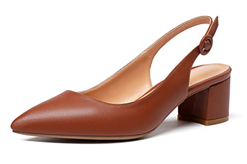 Mettesally Damen Slingback Mid Heel Pumps 2 Zoll Pointed Toe Classic Chunky Pumps Beige Mattbraun EU40 von Mettesally