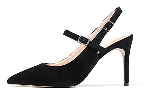 Mettesally Damen Slingback Pumps Spitz Zehen Schuhe Mary Jane Mid Heel Schuhe Schwarzes Wildleder EU38 von Mettesally