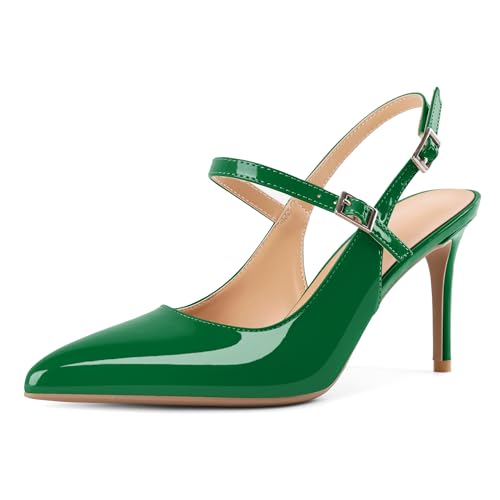 Mettesally Damen Slingback Pumps Stiletto High Heels Geschlossene Spitze Ferse Knöchelriemen Absatzsandalen Party Büro Schuhe 7,6 cm, Grün , 41 EU von Mettesally