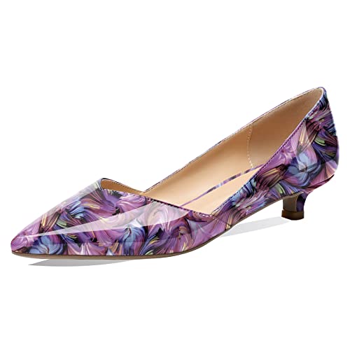 Mettesally Damen Spitze Zehen Pumps Komfort Kitten Niedrige Absätze Hochzeit Abendkleid Schuhe Geblümt Violett EU44 von Mettesally