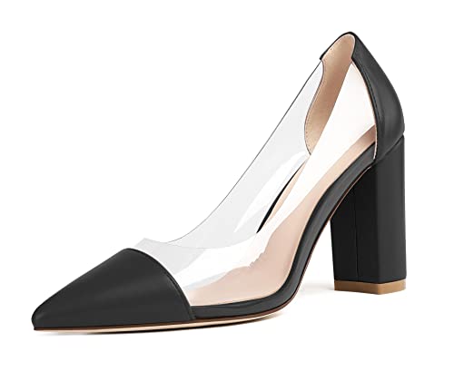 Mettesally Elegante High Heel Transparent PVC Pumps Geschlossene Zehe 3.15'' Blockabsatz Klar Schuhe MatSchwarz EU43 von Mettesally