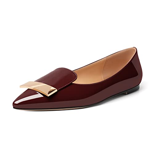 Mettesally Flats Schuhe für Frauen Pointed Buckle Flats Bequemer Slip On Dressy Ballet Flats Burgund EU41 von Mettesally