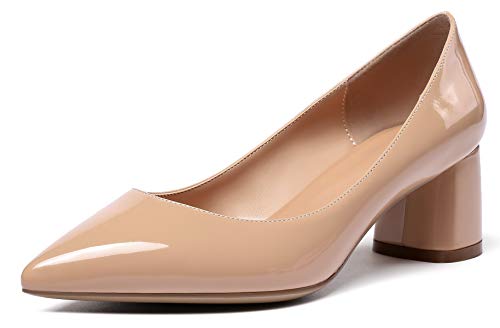 Mettesally Frauen Glänzend Niedrige Absätze Pumps Klassische Spitze Zehen Slip On Büro Kleid Formale Chunky Blockabsatz Schuhe Beige EU40 von Mettesally