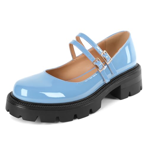 Mettesally Frauen Plattform Mary Janes Schuhe Runde Zehe Knöchelriemen Low Klobige Heels Oxford Uniform Kleid Pumps Hellblau EU 38 von Mettesally