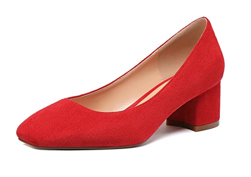 Mettesally Frauen Spitze Zehe Klotzige Absätze 5cm Slip On Elegante Schuhe Wildleder Rot EU 39 von Mettesally