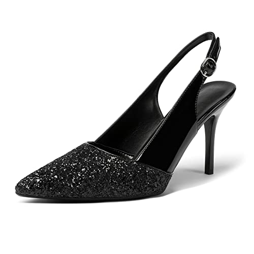 Mettesally Geschlossene High Heels Damen Slingback Sandalen Spitze knöchelriemen Pumps Schuhe mit Strasssteinen Schwarz EU37 von Mettesally