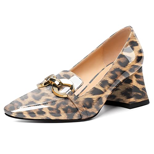 Mettesally High Block Heel Pumps für Frauen Square Toe Loafers Slip On Small Heels Komfort Chic Chain Court Schuhe Leopard EU38 von Mettesally