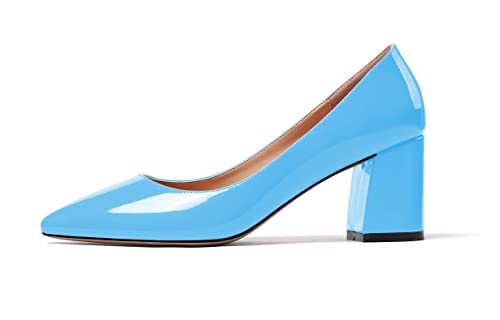 Mettesally Klassische Spitze Zehen Pumps für Damen, Geschlossene Blockabsatz Mittelhohem Kleid Schuhe Patent Hellblau EU37 von Mettesally