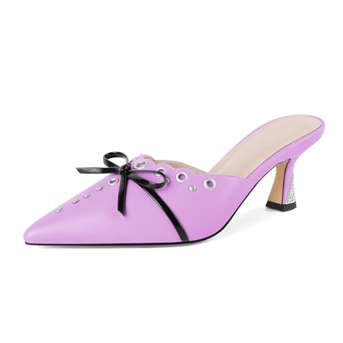 Mettesally Mules Funkelnde Bow Verzierung Bequemer Slip on Chic 6.5cm Vielseitig für Party, Büro, Hochzeit Hellviolett EU40 von Mettesally