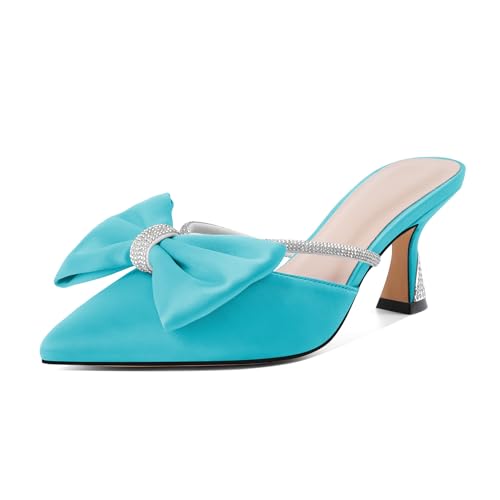 Mettesally Mules Funkelnde Rhinestone Bow Verzierung Bequemer Slip on Chic 6.5cm Vielseitig für Party, Büro, Hochzeit Türkis EU40 von Mettesally