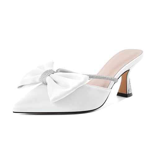 Mettesally Mules Funkelnde Rhinestone Bow Verzierung Bequemer Slip on Chic 6.5cm Vielseitig für Party, Büro, Hochzeit Weiß EU40 von Mettesally