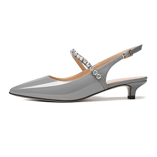 Mettesally Niedrige Absätze für Damen Spitz zulaufende Slingback Strass Kitten Absatz Kleid Pumps Abend Prom Hochzeit Schuhe Grau EU43 von Mettesally