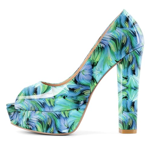 Mettesally Plattform Chunky Heels für Frauen Peep Toe Pumps 14cm Slip On Kleid Hochzeit Partei Schuhe Floral Grün EU 38 von Mettesally