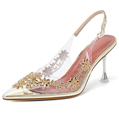 Mettesally Slingback Pumps für Damen, spitz Klare High Heels mit Knöchelriemen Diamant Blumen Sandalen Hochzeit Braut Heeled Gericht Schuhe Matte Jaune EU39 von Mettesally