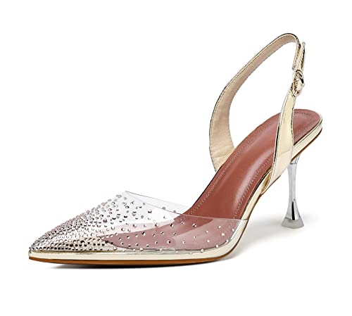 Mettesally Slingback Sandalen Damen Durchsichtige Trichterabsatz knöchelriemen Spitze Pumps mit Strasssteinen Abendschuhe Oro EU36 von Mettesally