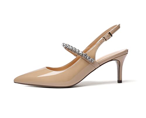 Mettesally Spitze Slingback Pumps Damen Pointed Toe Kitten Heel Sandalen Absätze knöchelriemen kristall Hochzeitsschuhe Beige EU39 von Mettesally