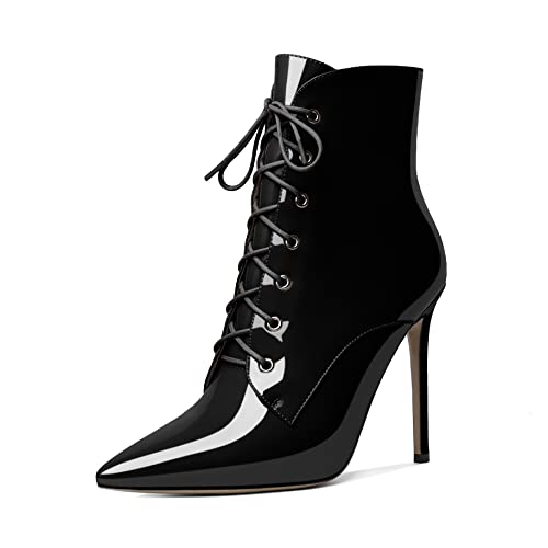 Mettesally Stiletto High Heel Stiefel für Damen Spitze Spitze Up Wildleder Ankle Stiefel Party Kleid Schuhe Schwarz EU39 von Mettesally