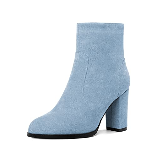 Mettesally Women's High Heel Ankle Stiefel Round Chunky Blockabsatz Side Zipper Boots Slip On Work Wildleder Schuhe Hellblau EU39 von Mettesally