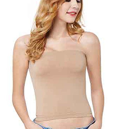 Metyou Damen Stretch Nahtlos Trägerlos Layer Tube Top Bluse Shirt Ohne Pad Gr. Einheitsgröße, beige von Metyou