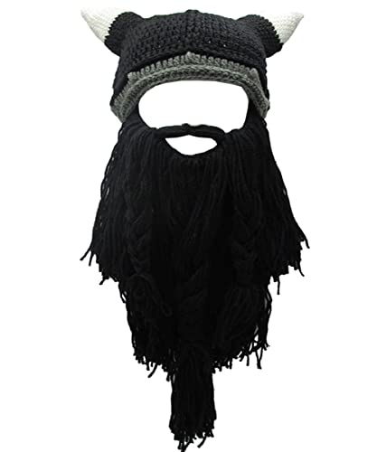 Metyou Erwachsene Wikinger Bart Beanie Horn Mütze Winter Warme Maske Hut Strickmütze Wolle Lustige Skull Cap, schwarz 1, Einheitsgröße von Metyou
