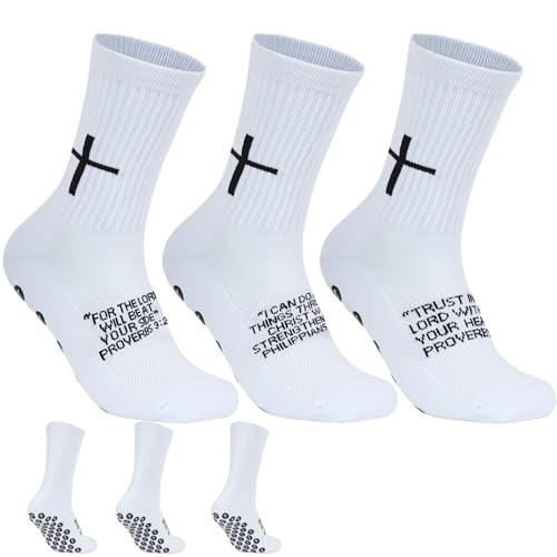 Meudid 3 Paar Cross-Grip-Fußballsocken für US 6–13 – rutschfeste christliche Socken mit Bibelvers, Weiss/opulenter Garten, Einheitsgre von Meudid