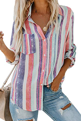 Damen Oberteile Hemd Casual Bluse Elegant V-Ausschnitt Langarmshirt Button Down Tops Tunika Shirts (Weiß, XXL) von Meufam