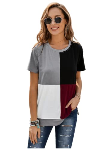 Damen Oberteile Kurzarm T-Shirt Casual Lose Farbblock Pullover Blusen Rundhals Sommer Shirt (XXL, Weinrot) von Meufam