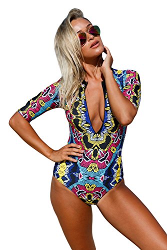 Damen Retro Elegant 1/2 Lang arm Einteiliger Badeanzug Reißverschluss Schwimmanzug Rashguard Sportlich Bikini Surfanzug Tauchen Triangel Bademode (Mehrfarbig, L) von Meufam