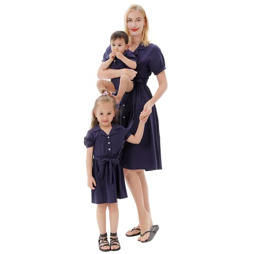 Family Outfits Sommerkleider Hemdkleid Mutter und Tochter Damen Kleider Revers Button Kleid Kurzarm Marine Mädchen Kleid Baby Strampler （Damen，M） von Meufam