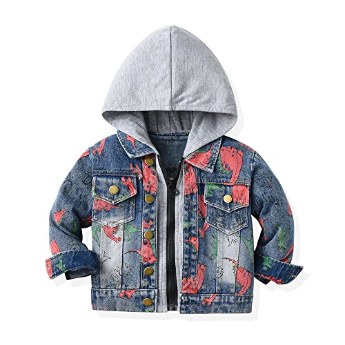 Jungen Baby Jeansjacke Hoodie Beiläufig Stilvoll Dinosaurierdruck Frühling Herbst Jeans Denim Coats Mädchen Mantel Kinder (Gray,130/5-6 Y) von Meufam