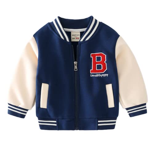 Jungen College Jacke Beiläufig Stilvoll Frühling Herbst Jeans Sweatjacke Baseball Coats Vintage Mantel Kinder (Navy,120/4-5 Y) von Meufam