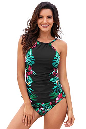 Meufam Damen Badeanzug Raffung Einteiler High Neck Bademode Strandmode Rückfrei Badebekleidung Schwimmanzug (Schwarz, S) von Meufam